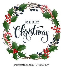 Merry Christmas lettering banner for web or social media. Holiday greeting card template. Hand drawn style vector illustration. Wreath, frame of winter plants, candy cane and branches isolated.