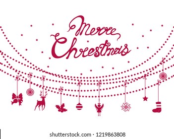 merry Christmas and lettering, beads, Christmas decoration, white background, banner vector