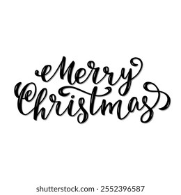 Merry Christmas Lettering, black letters on white background. Brush hand written calligraphy style. For poster, banner, card  for winter holidays.