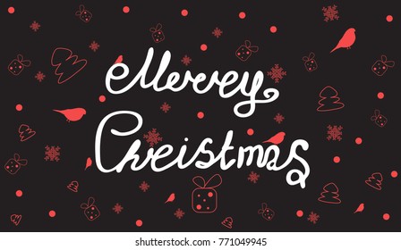 Merry Christmas lettering. Black vector background with snowflakes, Christmas trees, circles and bullfinches.