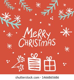 Merry Christmas lettering and calligraphy design. Handwritten phrase with Xmas illustration. Modern holiday font. Unique hand drawn design elements for greeting card made in vector.