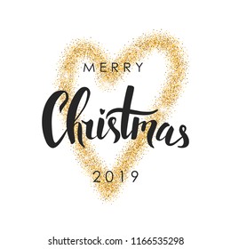 Merry Christmas lettering. Christmas calligraphy. Holiday greeting card. Gold glitter heart. Vector eps 10.