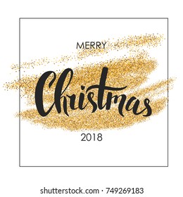 Merry Christmas lettering. Christmas calligraphy. Holiday greeting card. Gold glitter texture. Vector illustration.