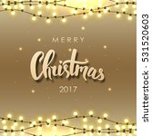 Merry Christmas lettering. Christmas calligraphy. Light bulbs, realistic retro garland, background with yellow glowing lights on brown background. Vector illustration.