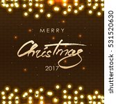 Merry Christmas lettering. Christmas calligraphy. Light bulbs, realistic retro garland, background with yellow glowing lights on dark brown background. Vector illustration.