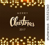 Merry Christmas lettering. Christmas calligraphy. Light bulbs, realistic retro garland, background with yellow glowing lights on dark brown background. Vector illustration.