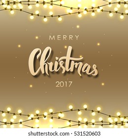 Merry Christmas lettering. Christmas calligraphy. Light bulbs, realistic retro garland, background with yellow glowing lights on brown background. Vector illustration.