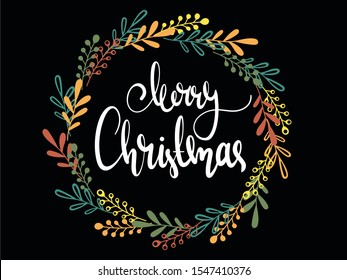 Merry Christmas Lettering and calligraphy on a black background with leaves and gold. Vector logo, text design. Print for banners, greeting cards, gifts, fabric, paper, textile. Vintage illustration.