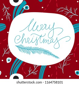 Merry Christmas lettering. Calligraphy vector text with a branch of a Christmas tree on pattern background