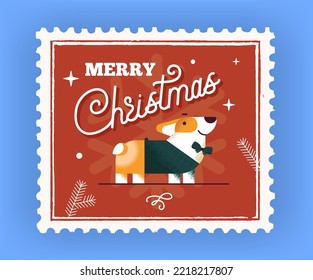 Merry christmas lettering. Christmas card with corgi dog. Stamp with the inscription
