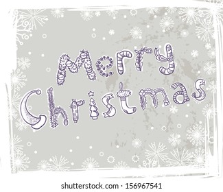 Merry Christmas lettering card. Cute doodle snowing vector background. Letters painted like Santa's hat, bird, scarf, branch of mistletoe, pine tree, garlands, decoration balls, candy, suck for gifts