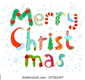 Merry Christmas lettering card. Cute white snowing vector background. Letters painted like Santa's hat, bird, scarf, branch of mistletoe, pine tree, garlands, decoration balls, candy, suck for gifts