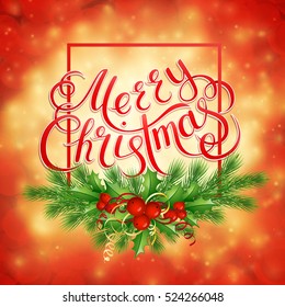 Merry Christmas lettering card with holly. Vector illustration