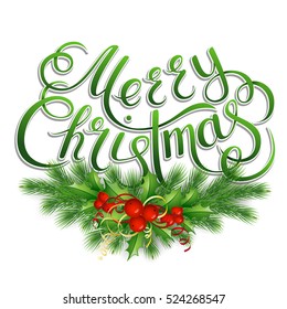 Merry Christmas lettering card with holly. Vector illustration