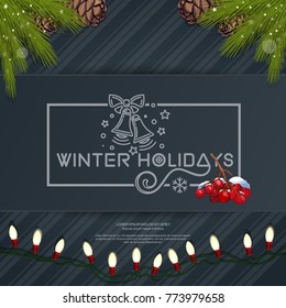 Merry Christmas lettering card with spruce branches, jingle bells, garland and bunch of rowan. Winter holidays. Vector illustration
