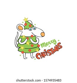 Merry Christmas. Lettering. Cartoon animals - cute little mouse. Isolated vector object on white background.