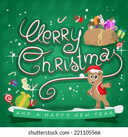 Merry Christmas Lettering, Cartoon Background - Vector Illustration, Graphic Design Useful For Your Design