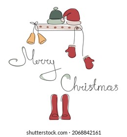 Merry Christmas lettering and cartoon holder with hats, bell and mittens. The concept  vector iIllustration happy winter time in one line style