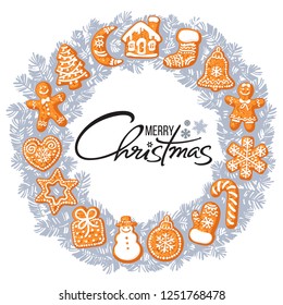 Merry Christmas lettering in center of silver grey wreath with gingerbread cookies. Round frame from  traditional holiday cookies. Cartoon vector illustration isolated on white background.