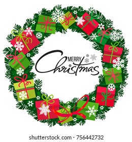 Merry Christmas lettering in the center of wreath with gift boxes. Round frame from colorful  presents and snowflakes. Vector illustration isolated on white background. 