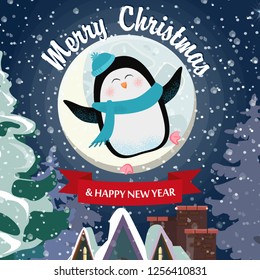 Merry Christmas lettering with cheerful penguin on roof. Christmas greeting card. Handwritten text, calligraphy. For leaflets, brochures, invitations, posters or banners.