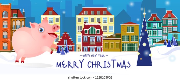 Merry Christmas lettering with cityscape and joyful pig. Christmas greeting card. Typed text, calligraphy. For leaflets, brochures, invitations, posters or banners.