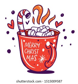 Merry Christmas lettering with cocoa and marshmallow red cup. Isolated vector illustration.