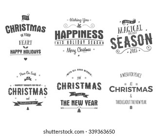 Merry Christmas lettering collection. Wishes Vector clip art for Holiday season cards, posters, banners, flyers and photo overlays. Christmas typography set. Monochrome. Christmas typography Isolated