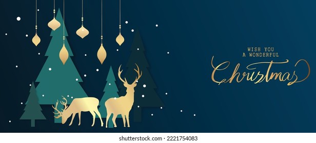 Merry christmas lettering concept background. Christmas trees element vectors with gold reindeer, ornament balls, snow. Design suitable for banner, invitation, card, greeting, banner, cover, poster.