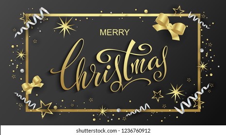 Merry Christmas ! Lettering. Congratulatory poster with golden confetti, stars and serpentine. Vector image.