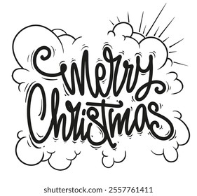 Merry Christmas lettering and coulds vector white background.