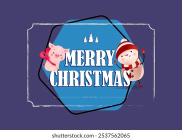 Merry Christmas lettering and cute piglet with snowman. Christmas greeting card. Typed text, calligraphy. For leaflets, brochures, invitations, posters or banners.