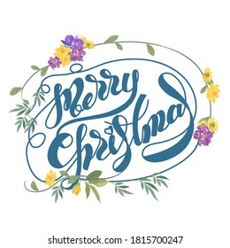 Merry Christmas lettering decorated with floral. Christmas Greeting Card on white background. Vector illustration.