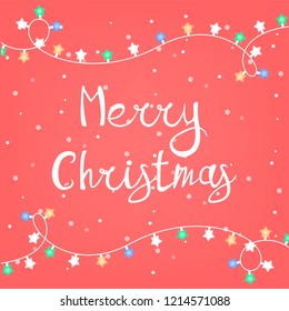 Merry christmas lettering decoration with light bulb around. Holiday party event element for greeting card. Cute frame and snowflake. Vector isolated illustration