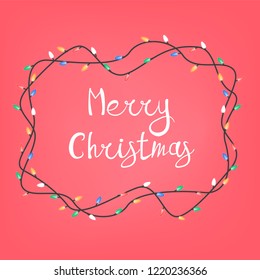 Merry christmas lettering decoration on red with light bulb around. Holiday party event element for greeting card. Cute frame and snowflake. Vector isolated illustration