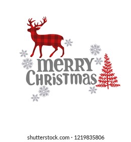 Merry Christmas. Lettering. Christmas deer, fir tree and snowflakes. Isolated vector objects on white background.