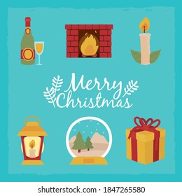 merry christmas lettering design with decorative gift box and related icons around over turquoise background, handrawn style, vector illustration