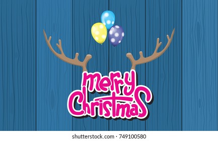 Merry Christmas Lettering Design with deer horn and wood background. Creative design for your Christmas background. Vector illustration.