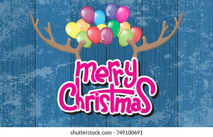 Merry Christmas Lettering Design with deer horn and wood background. Creative design for your Christmas background. Vector illustration.