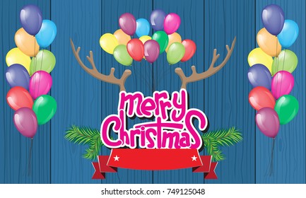 Merry Christmas Lettering Design with deer horn, balloons and ribbon. Creative design for your Christmas background. Vector illustration.