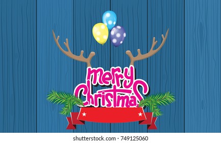 Merry Christmas Lettering Design with deer horn, balloons and ribbon. Creative design for your Christmas background. Vector illustration.