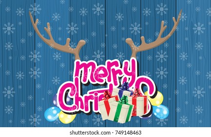 Merry Christmas Lettering Design with deer horn, balloons and ribbon. Creative design for your Christmas background. Vector illustration.