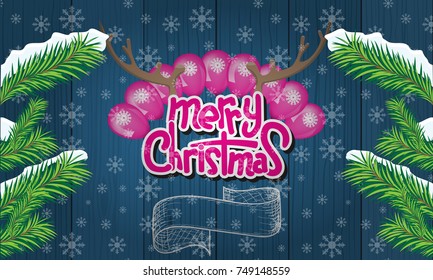 Merry Christmas Lettering Design with deer horn, balloons and ribbon. Creative design for your Christmas background. Vector illustration.