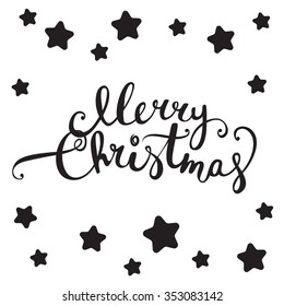 Merry Christmas lettering design for Greeting card, poster, decoration. Curly letters and night stars.