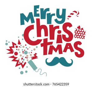Merry Christmas lettering design. Hand drawn text of Merry Christmas on the background of holiday symbols, firecracker, mustache, gift box, Christmas sweets