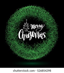 Merry Christmas lettering design on circle frame grass style. Vector illustration EPS 10