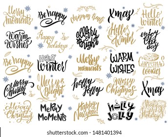 Merry Christmas Lettering Design Set. Typography set. Vector logo, emblems, text design. Usable for banners, greeting cards, gifts.