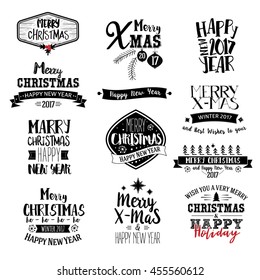 Merry Christmas Lettering Design Set. Vector illustration Xmas greeting cards with typography.