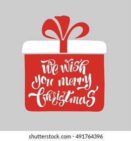 Merry Christmas Lettering Design. Vector illustration. The inscription on the box with the gift.