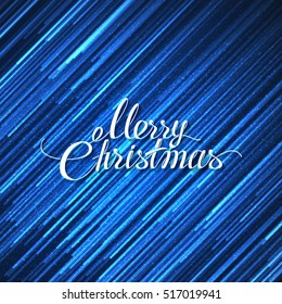 Merry Christmas Lettering Design. Vector Holiday Illustration Of Lettering Merry Christmas Label On Blue Striped Frosty Background. Christian Religion Event